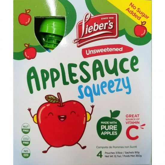 Lieber\'s Unsweetened Applesauce Squeezy Pouch 4Pk